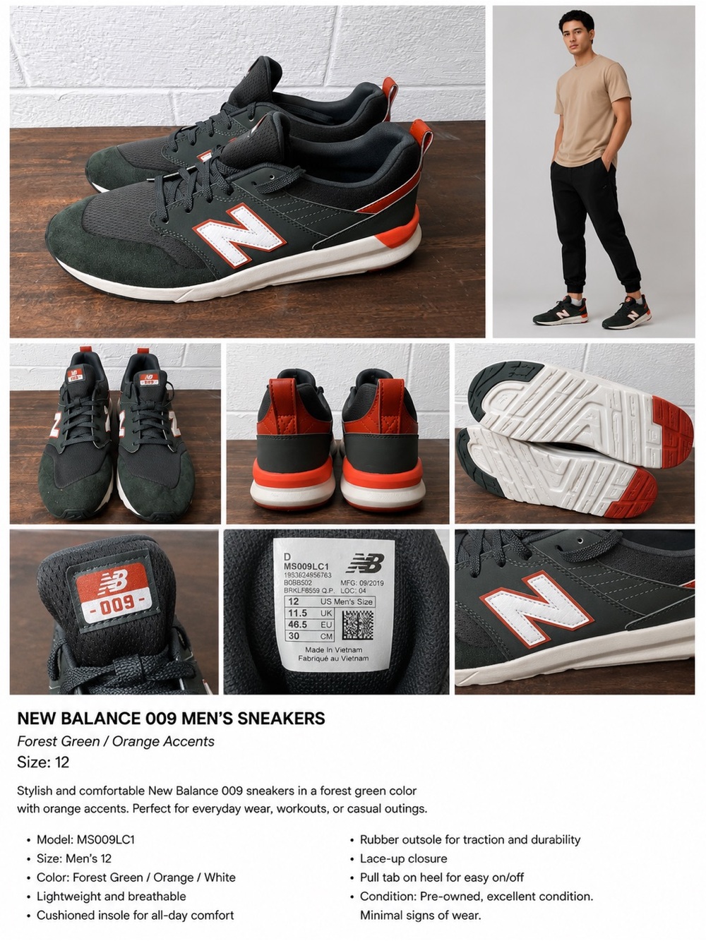 New Balance 009 Sneakers Men’s Size 12 Green Orange MS009LC1 Casual Athletic